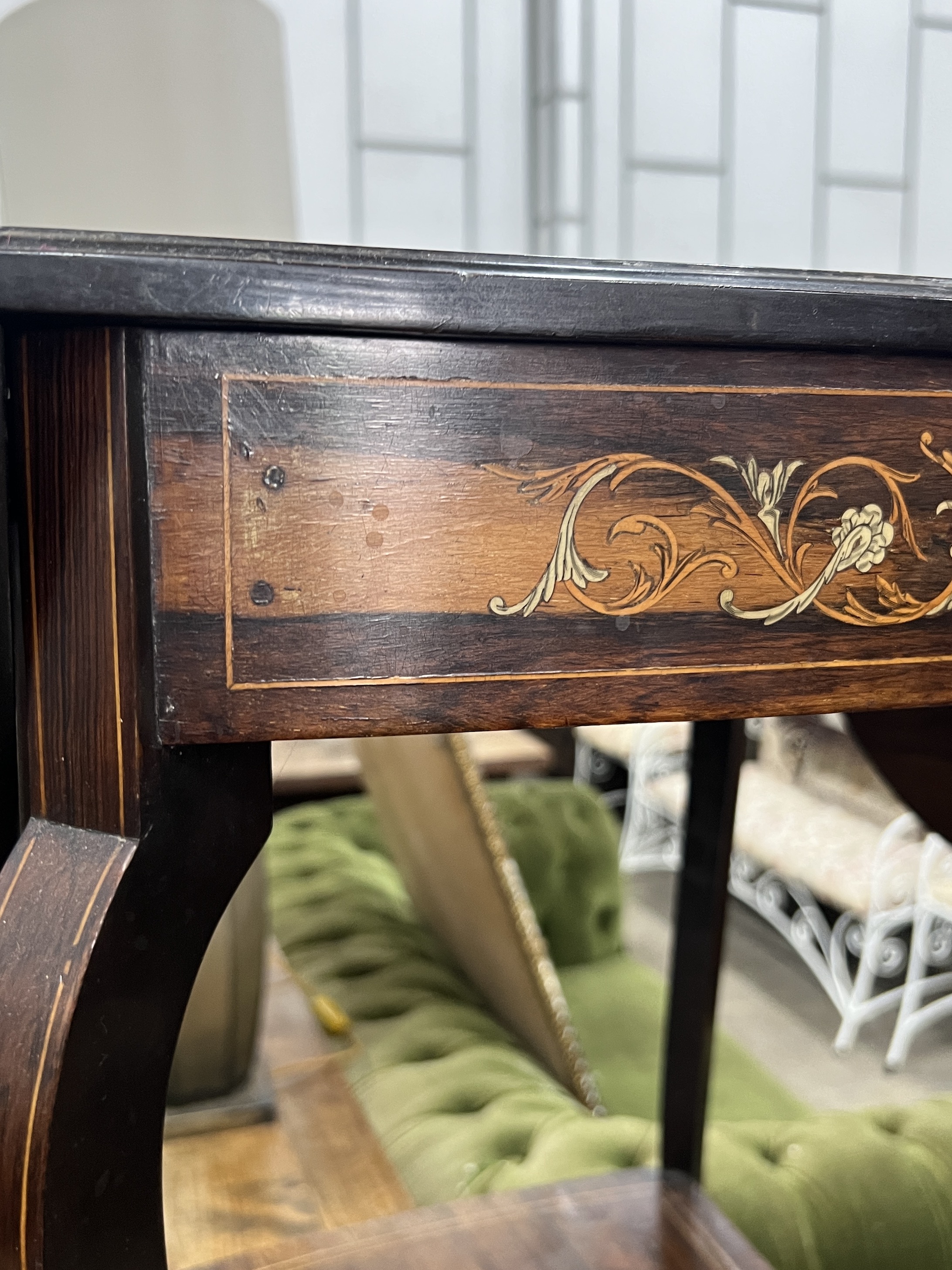 A late Victorian marquetry inlaid rosewood drop flap occasional table, width 47cm, depth 43cm, height 71cm